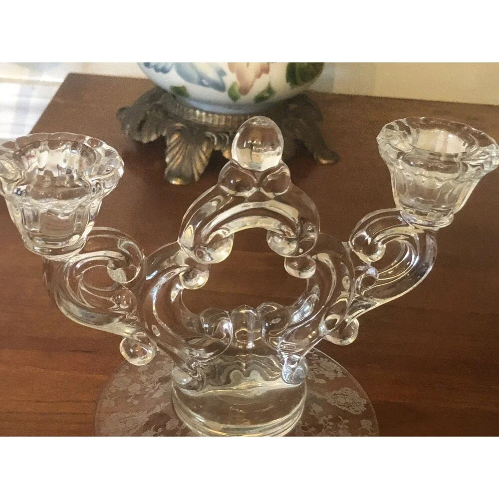 Vintage Set 1950s Cambridge Rose  Point Etched Fouled Candelabras
